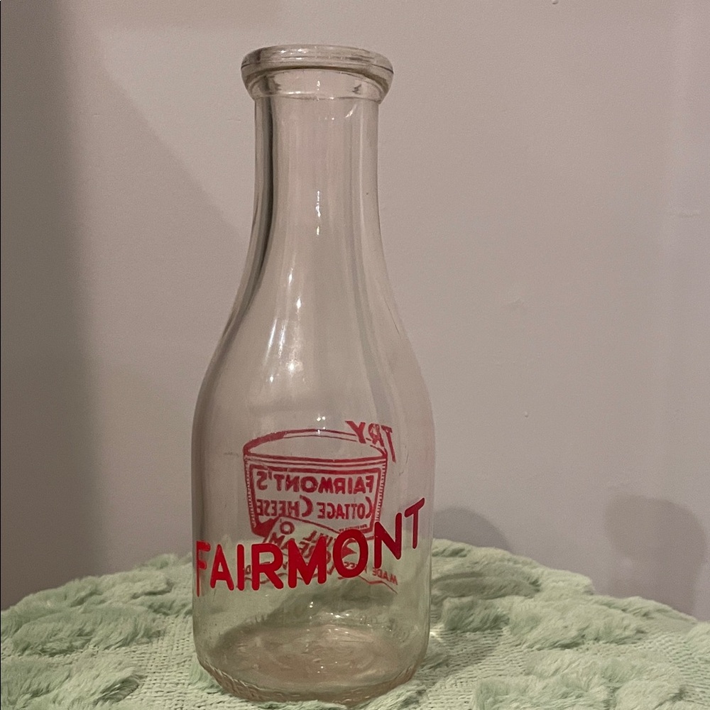 Vintage Glass Fairmont’s cottage cheese  Bottle with Red Print